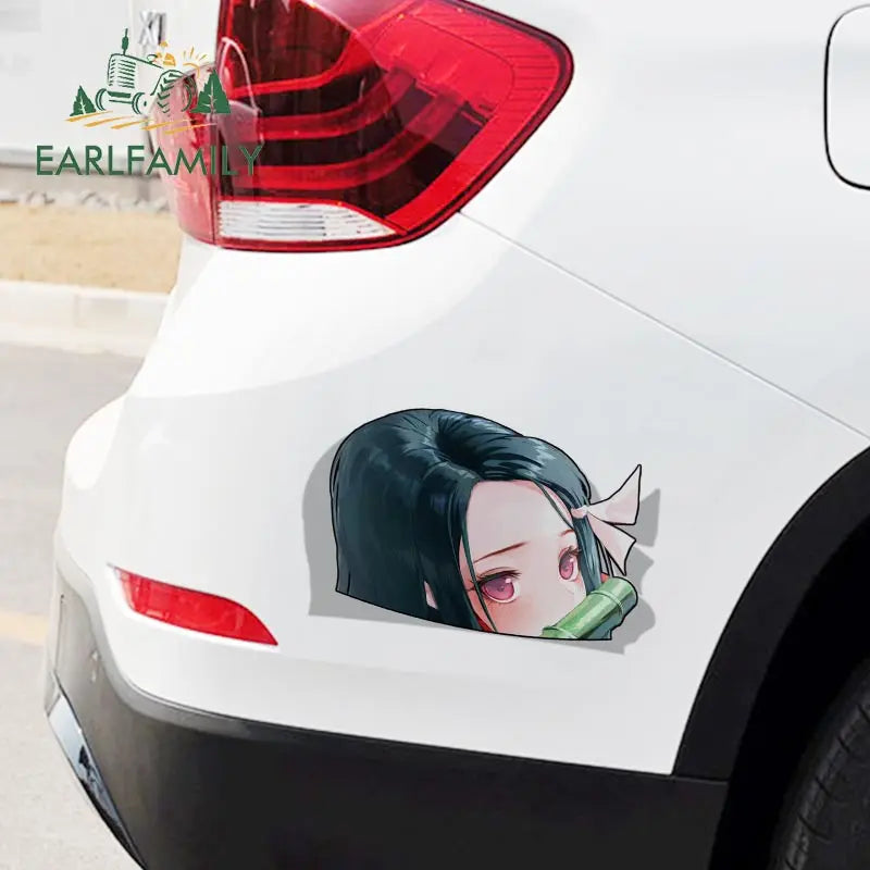 EARLFAMILY Cartoon Car Sticker for Nezuko Kamado Peeker Big Head Anime Vinyl JDM Rear Windshield Trunk Stickers