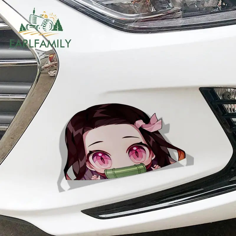 EARLFAMILY Cartoon Car Sticker for Nezuko Kamado Peeker Big Head Anime Vinyl JDM Rear Windshield Trunk Stickers