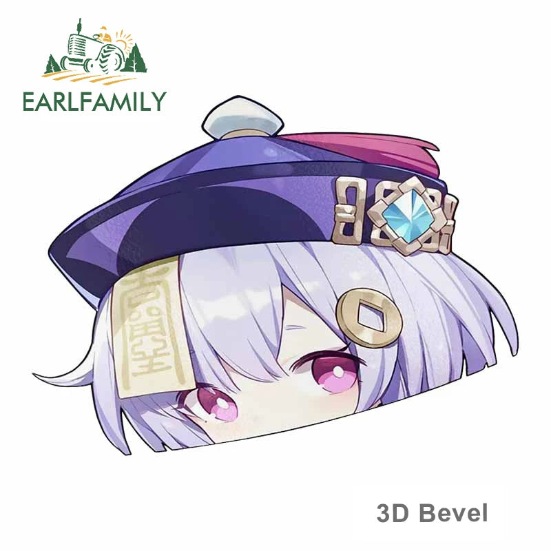EARLFAMILY Genshin Impact Qiqi Peeker Car Sticker Big Head Anime Vinyl JDM Rear Windshield Trunk Decal Cartoon Car Accessories