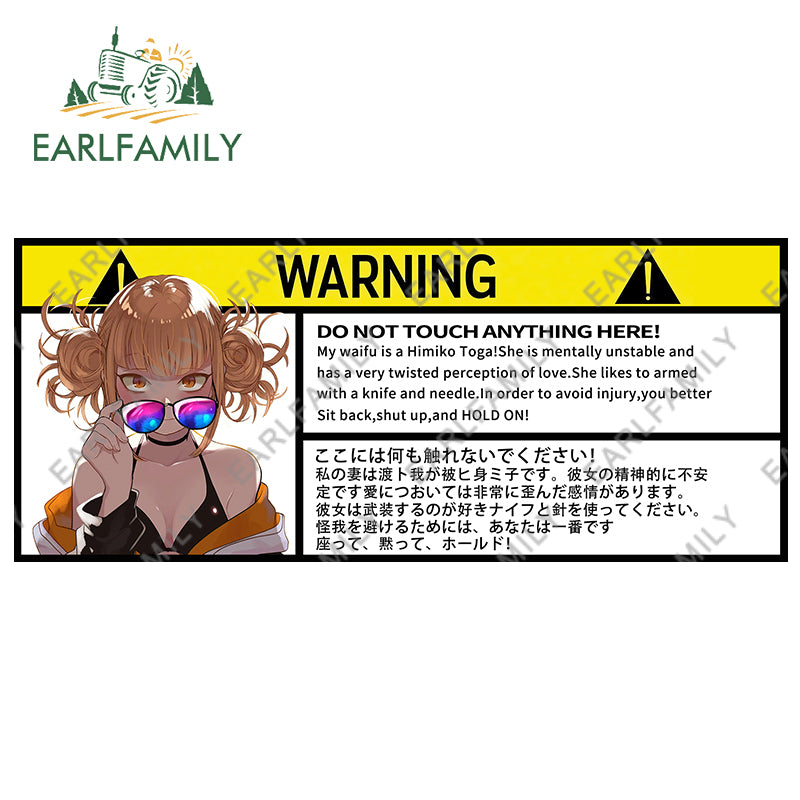 EARLFAMILY 13cm x 7.5cm Himiko Toga Warning Slap Stickers Anime Vinyl Car Sticker Window Decal Car Accessories