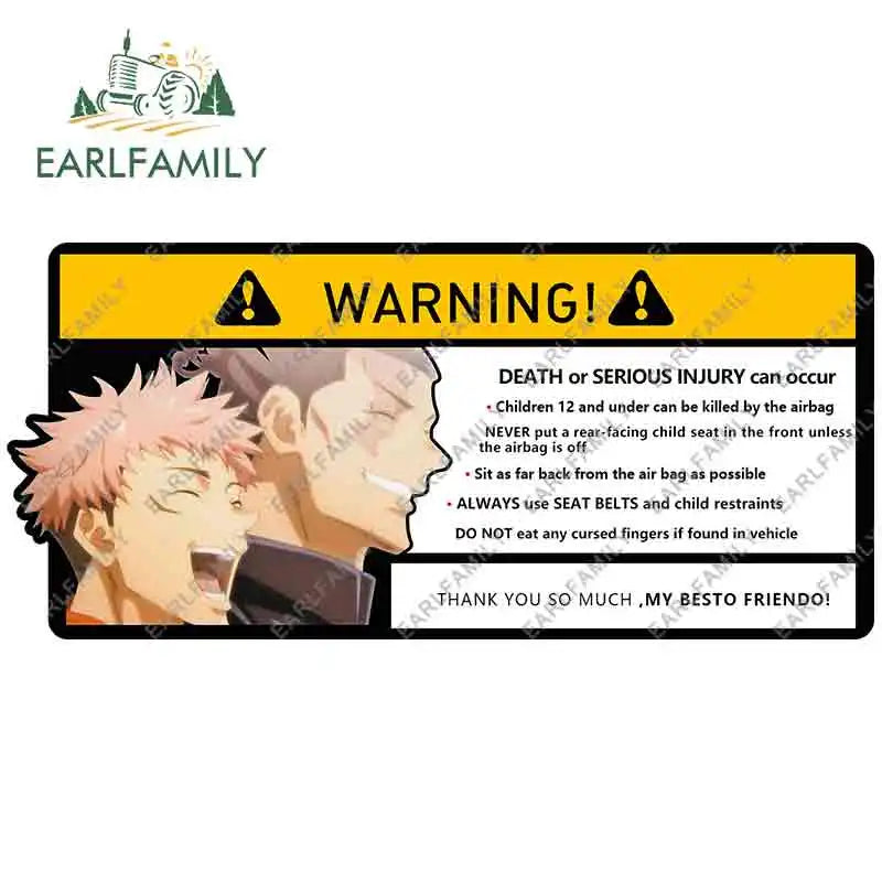 EARLFAMILY 15cm x 7cm Creative Warning Car Sticker for Itadori Yuji Decal Cartoon Anime Vinyl JDM Window Trunk Stickers