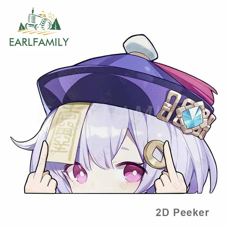 EARLFAMILY Genshin Impact Qiqi Peeker Car Sticker Big Head Anime Vinyl JDM Rear Windshield Trunk Decal Cartoon Car Accessories