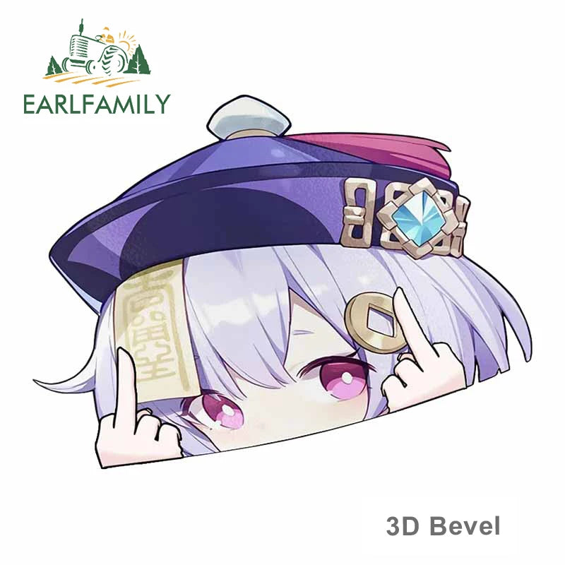EARLFAMILY Genshin Impact Qiqi Peeker Car Sticker Big Head Anime Vinyl JDM Rear Windshield Trunk Decal Cartoon Car Accessories
