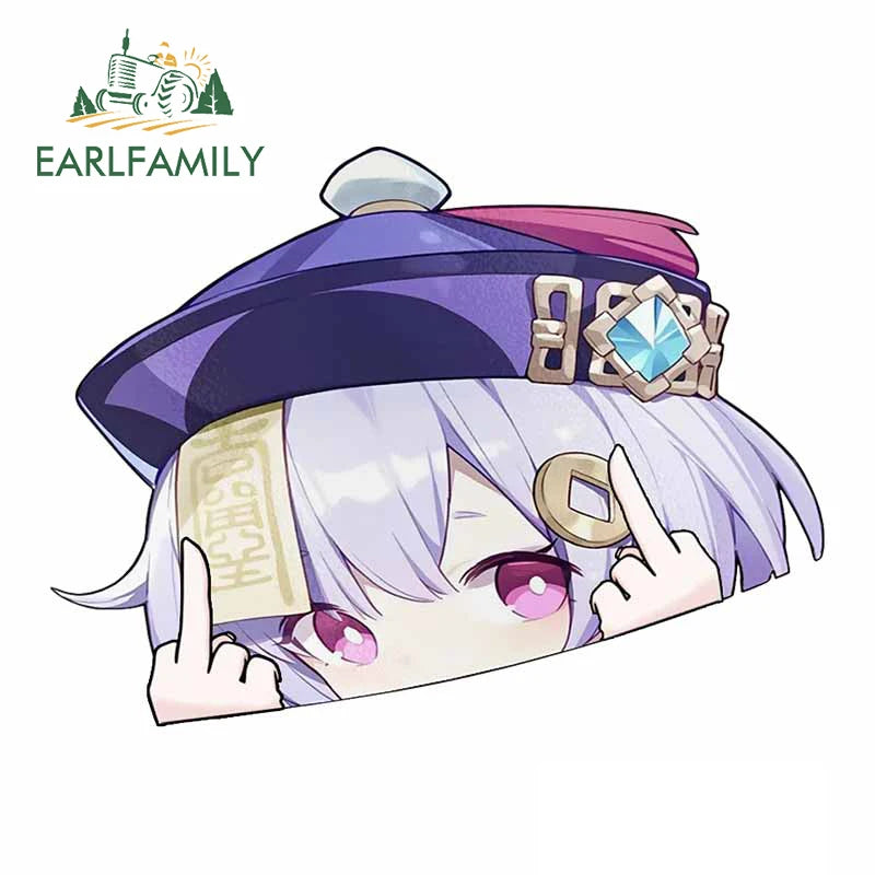 EARLFAMILY Genshin Impact Qiqi Peeker Car Sticker Big Head Anime Vinyl JDM Rear Windshield Trunk Decal Cartoon Car Accessories