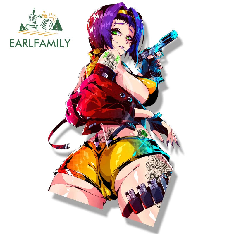 EARLFAMILY Gyaru Faye Valentine Fanart Car Sticker Hot Anime Cartoon Waifu Decal JDM Peek Girl Graffiti Sketch Stickers Car Wrap