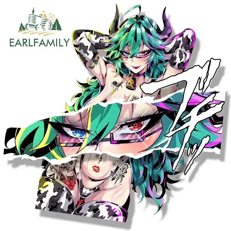 EARLFAMILY Cow Aruna Peek Car Sticker Anime Sketch Waifu Decal Window Trunk Decoration JDM Cartoon Peeker Girl Fanart Stickers