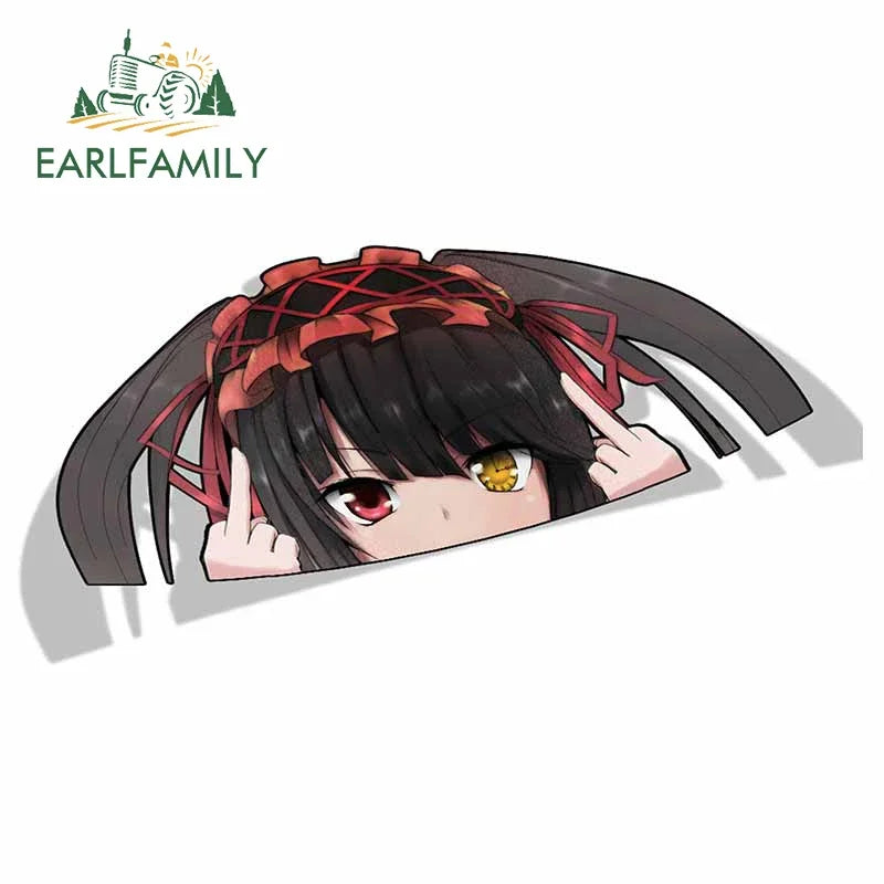 EARLFAMILY Cartoon Car Sticker for Kurumi Tokisaki Peeker Big Head Anime Vinyl Window Trunk Stickers Car Accessories