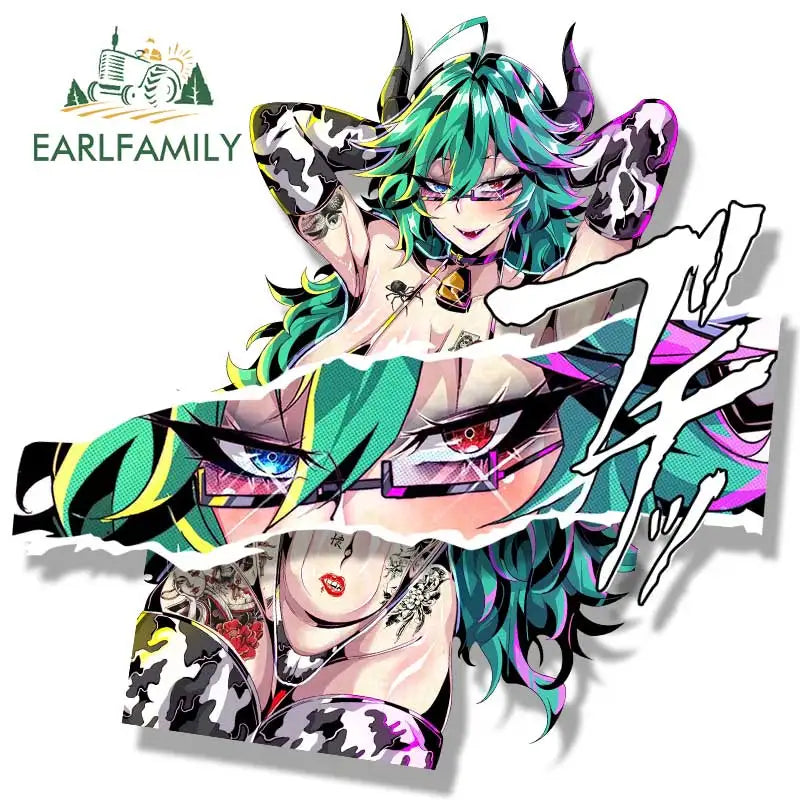 EARLFAMILY Cow Aruna Peek Car Sticker Anime Sketch Waifu Decal Window Trunk Decoration JDM Cartoon Peeker Girl Fanart Stickers
