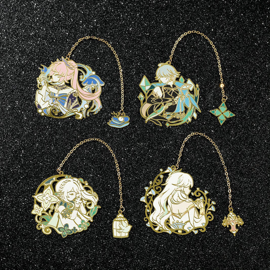 Genshin Impact Metal Bookmarks – Elegant Hollow-Out Chain Pendant, Collectible Souvenir Gift