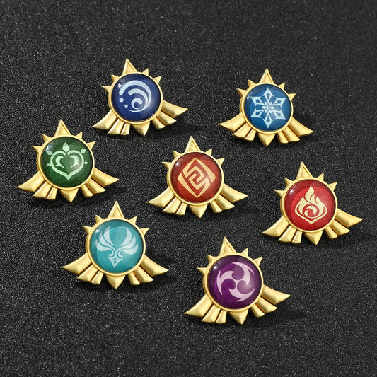 Genshin Impact Brooch – Luminous 7 Element Vision Badge, Metal Anime Pin Prop for Cosplay, Collectible & Gifts