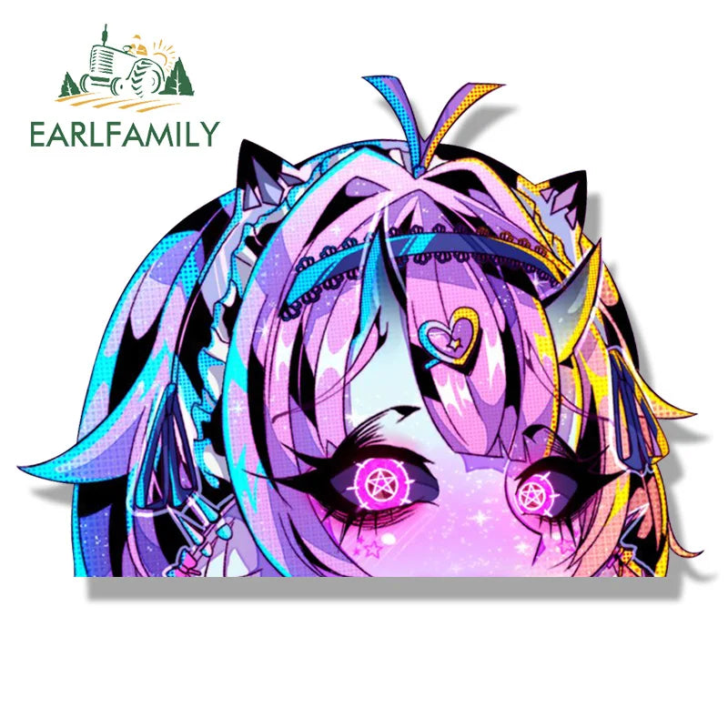 EARLFAMILY Space Demon Vtuber Car Sticker Hot SpongeyBuns Sketch Waifu Decal Chibi Big Head Peek Girl Graffiti Cartoon Stickers