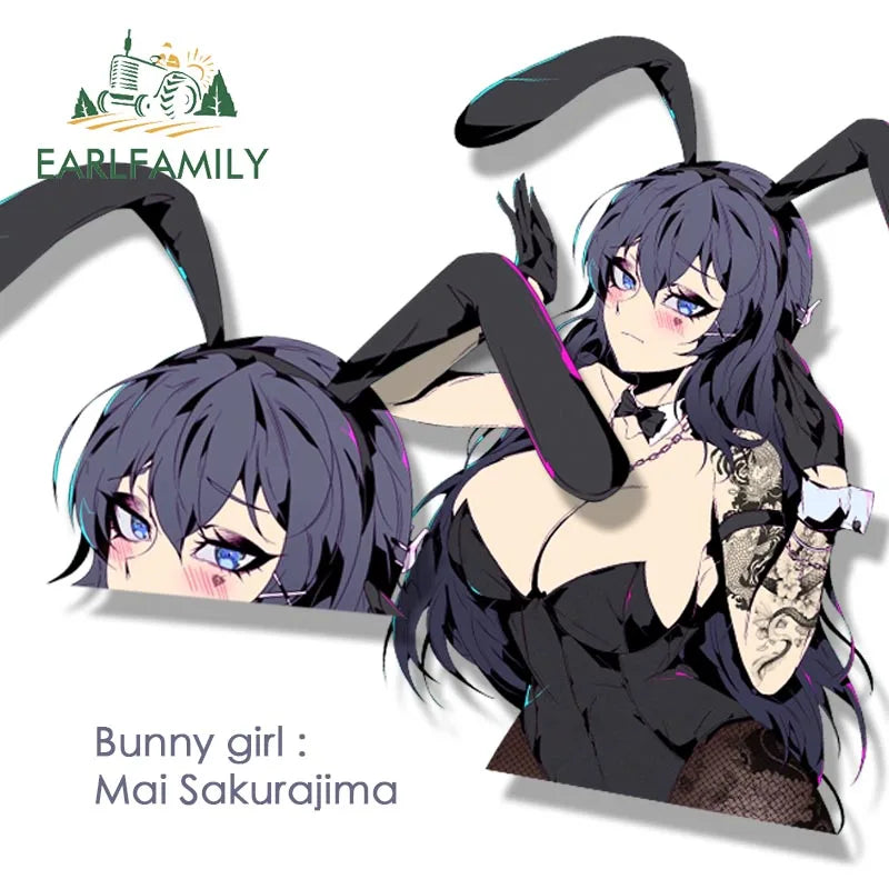 EARLFAMILY Bunny Girl Sakurajima Mai Fanart Car Sticker Janpan Anime Sketch Waifu Decals JDM Cartoon Peek Girl Stickers Car Wrap