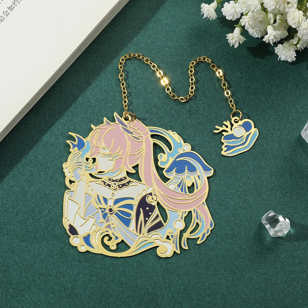 Genshin Impact Metal Bookmarks – Elegant Hollow-Out Chain Pendant, Collectible Souvenir Gift