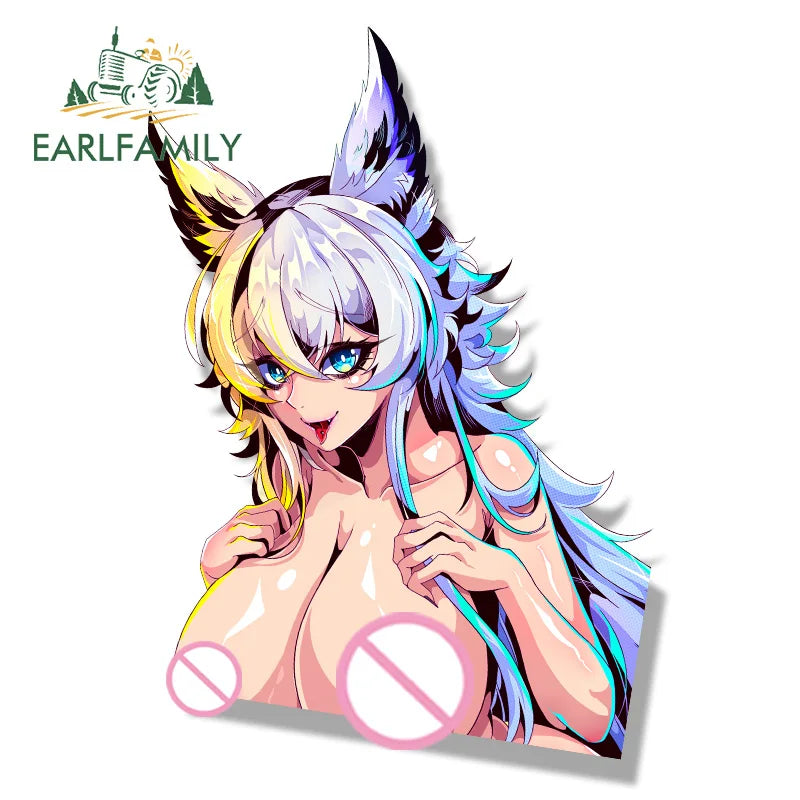 EARLFAMILY Gyaru Furry Girl Car Sticker Hot Original Sketch Waifu Decal JDM Cartoon Peek Girl Graffiti Stickers Car Accessories