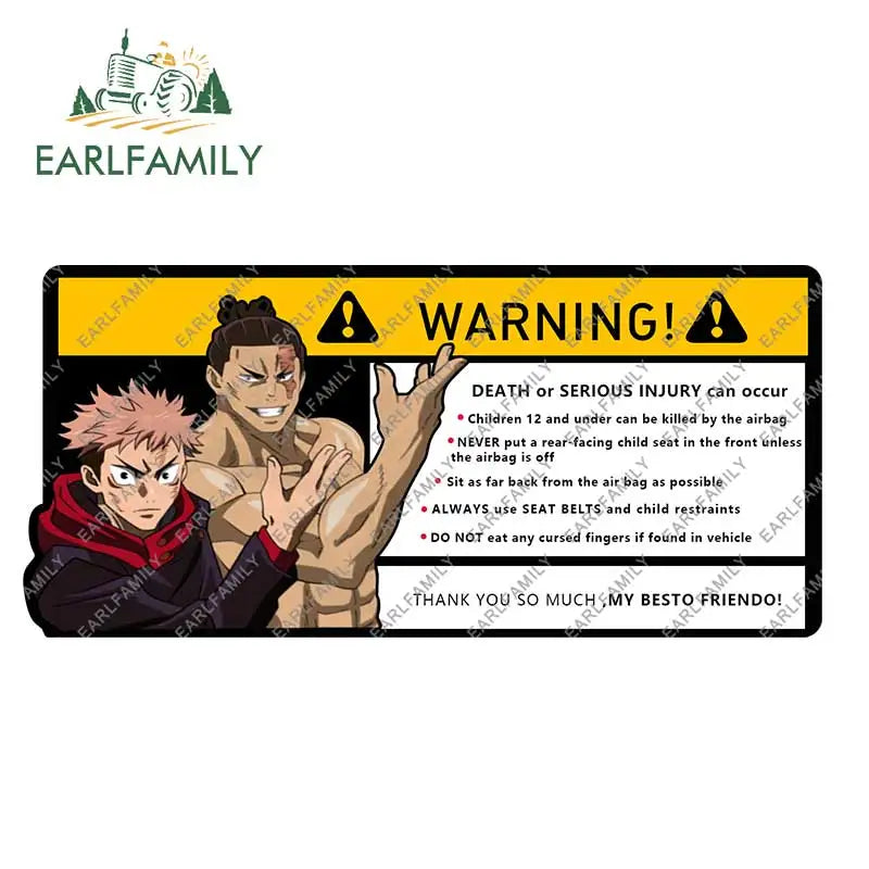 EARLFAMILY 15cm x 7cm Creative Warning Car Sticker for Itadori Yuji Decal Cartoon Anime Vinyl JDM Window Trunk Stickers