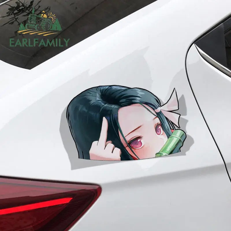 EARLFAMILY Cartoon Car Sticker for Nezuko Kamado Peeker Big Head Anime Vinyl JDM Rear Windshield Trunk Stickers