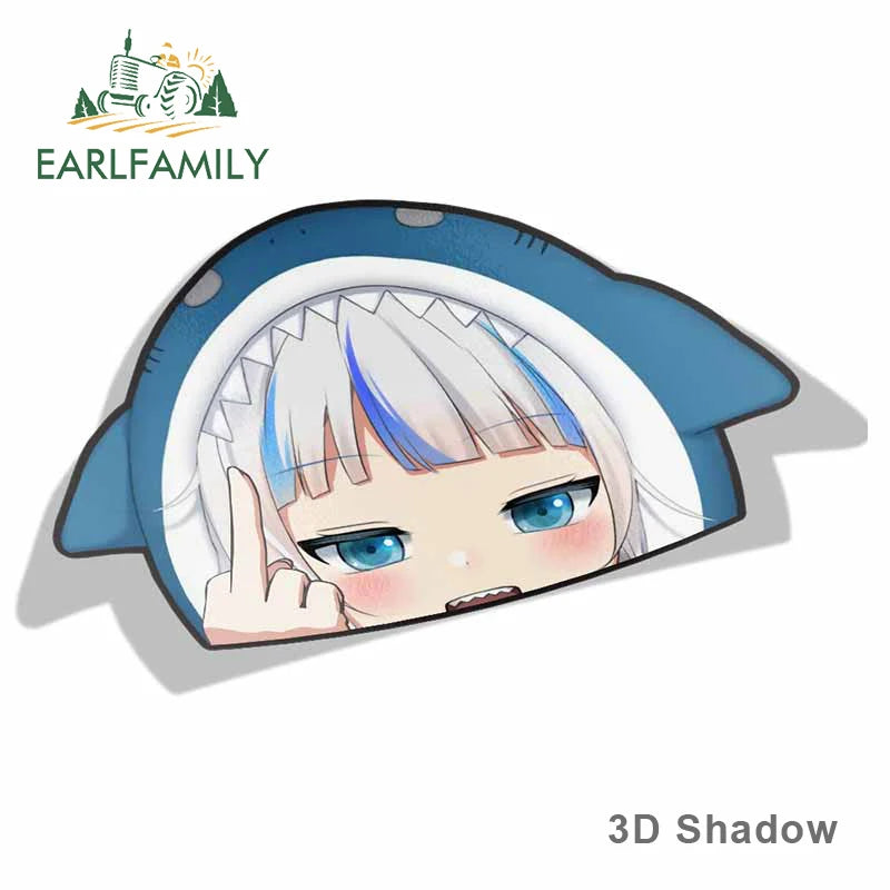 EARLFAMILY Cartoon Car Sticker for Gawr Gura Hololive Peeker Peek Anime Vinyl Stickers JDM Window Trunk Bumper Car Accessories