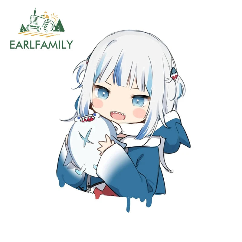 EARLFAMILY Cartoon Gawr Gura Hololive Car Sticker Fuel Tank Cap Sticker Cover Scratches Waterproof Decal Auto Motorcycle Decor