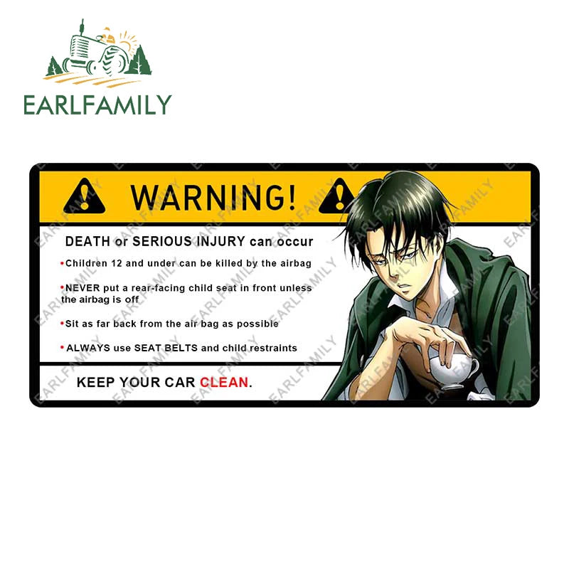 EARLFAMILY 15cm x 8.4cm Creative Warning Car Sticker for Levi Ackerman Decal Cartoon Anime Vinyl JDM Window Trunk Stickers