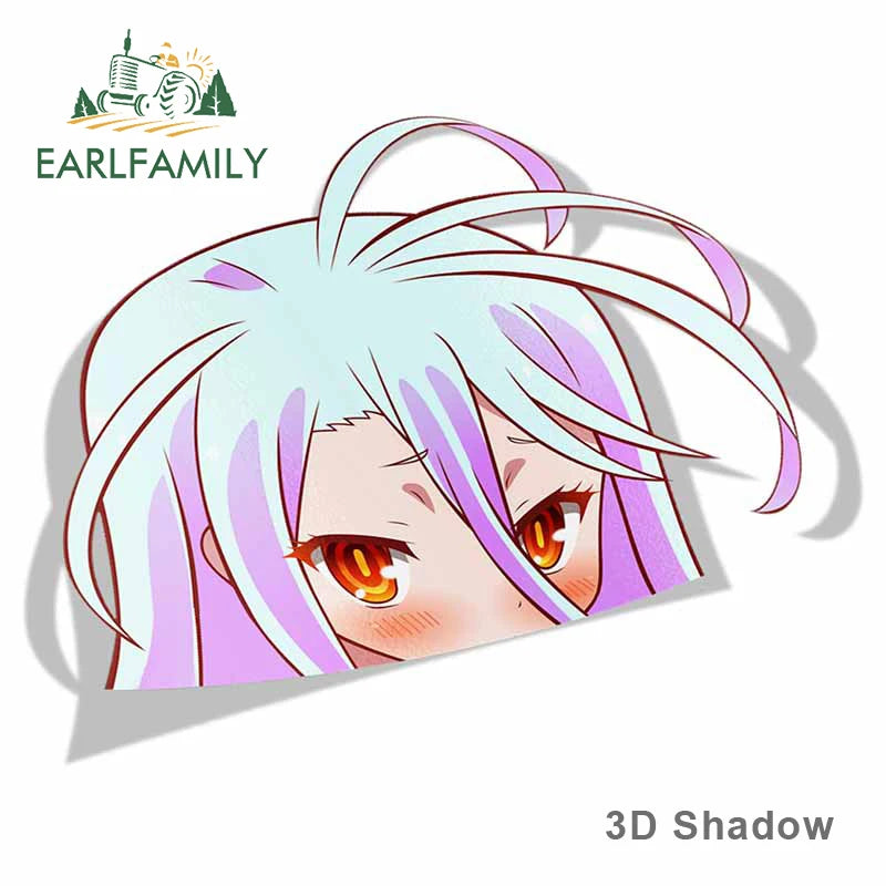 EARLFAMILY Car Sticker for Shiro No Game No Life Peeker Big Head Anime Vinyl Rear Windshield Trunk Stickers Car Accessories