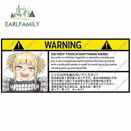 EARLFAMILY 13cm x 7.5cm Himiko Toga Warning Slap Stickers Anime Vinyl Car Sticker Window Decal Car Accessories