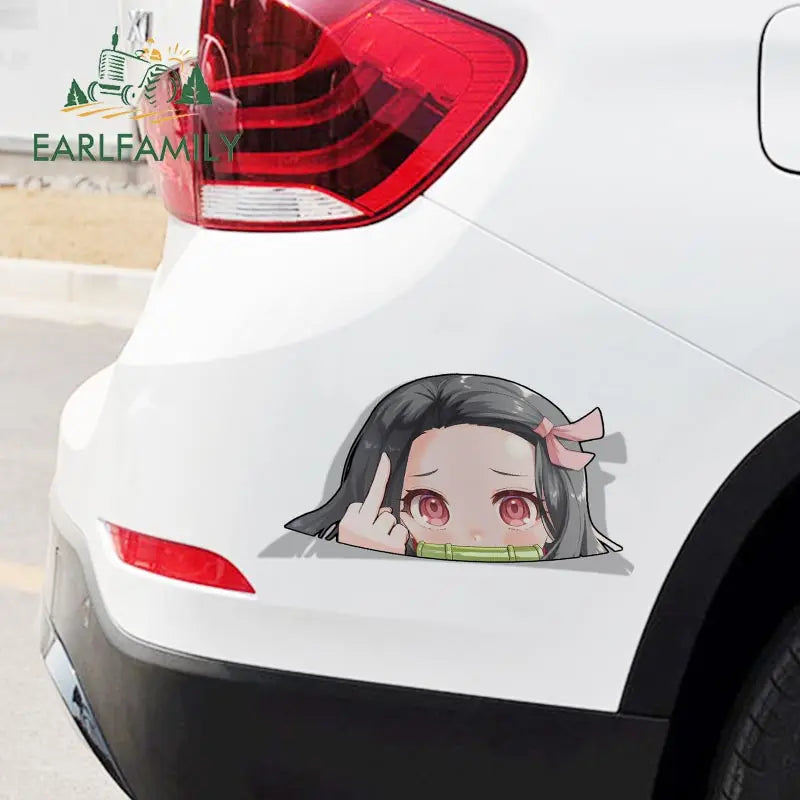 EARLFAMILY Cartoon Car Sticker for Nezuko Kamado Peeker Big Head Anime Vinyl JDM Rear Windshield Trunk Stickers