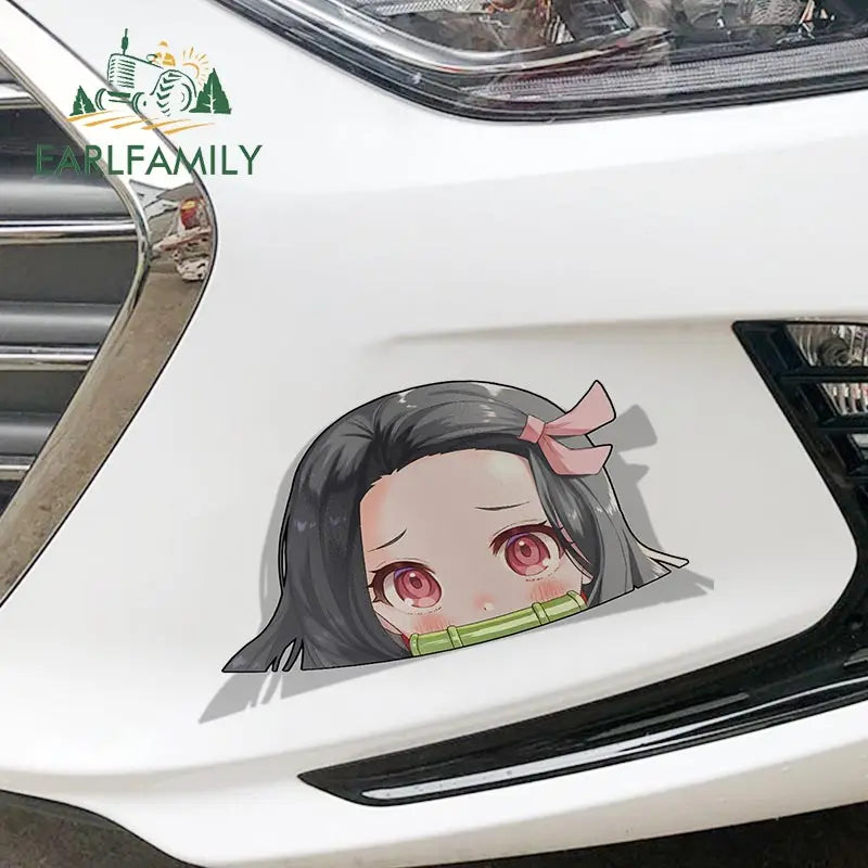EARLFAMILY Cartoon Car Sticker for Nezuko Kamado Peeker Big Head Anime Vinyl JDM Rear Windshield Trunk Stickers