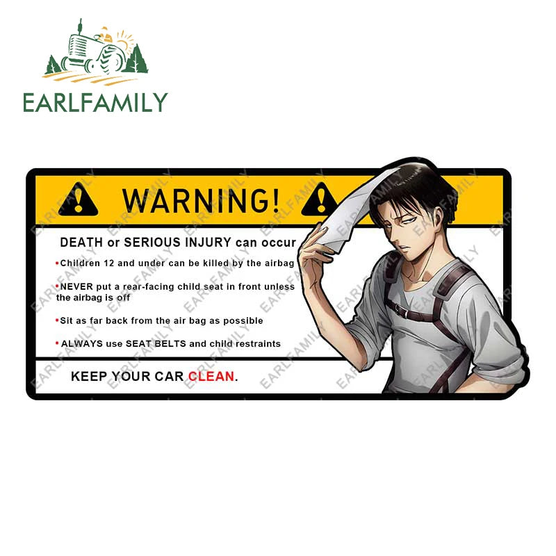 EARLFAMILY 15cm x 8.4cm Creative Warning Car Sticker for Levi Ackerman Decal Cartoon Anime Vinyl JDM Window Trunk Stickers