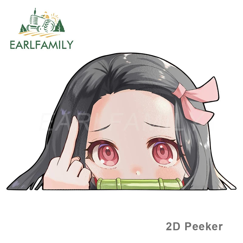 EARLFAMILY Cartoon Car Sticker for Nezuko Kamado Peeker Big Head Anime Vinyl JDM Rear Windshield Trunk Stickers