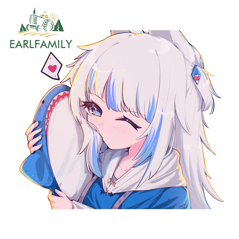 EARLFAMILY Cartoon Gawr Gura Hololive Car Sticker Fuel Tank Cap Sticker Cover Scratches Waterproof Decal Auto Motorcycle Decor