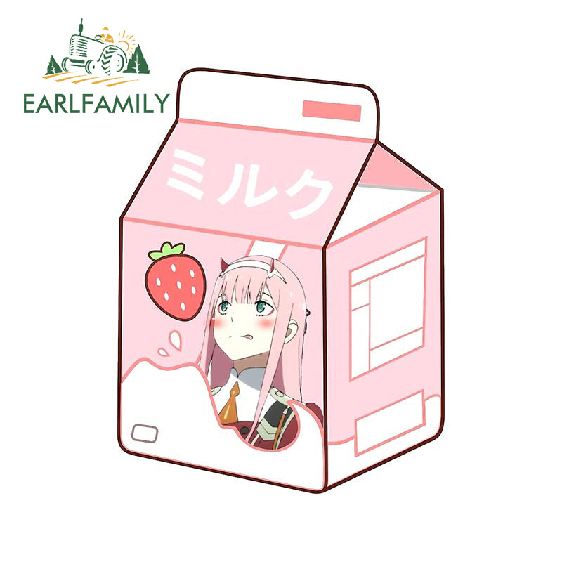 EARLFAMILY 13cm x 9.8cm Zero Two Milk Car Sticker Funny Laptop Wall Decal JDM Window Trunk 4x4 Stickers Cartoon Car Accessories