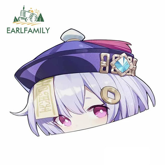 EARLFAMILY Genshin Impact Qiqi Peeker Car Sticker Big Head Anime Vinyl JDM Rear Windshield Trunk Decal Cartoon Car Accessories