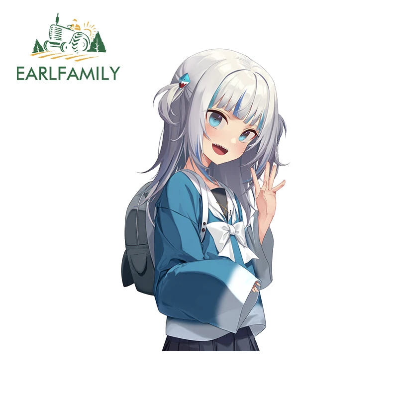 EARLFAMILY Cartoon Gawr Gura Hololive Car Sticker Fuel Tank Cap Sticker Cover Scratches Waterproof Decal Auto Motorcycle Decor