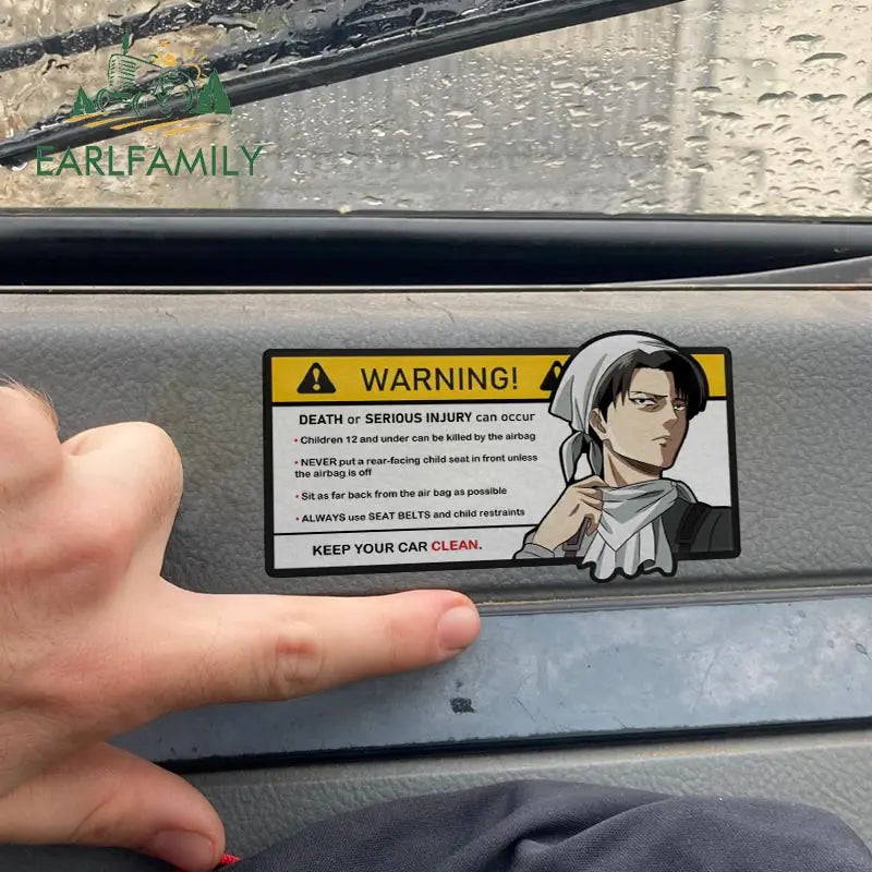 EARLFAMILY 15cm x 8.4cm Creative Warning Car Sticker for Levi Ackerman Decal Cartoon Anime Vinyl JDM Window Trunk Stickers