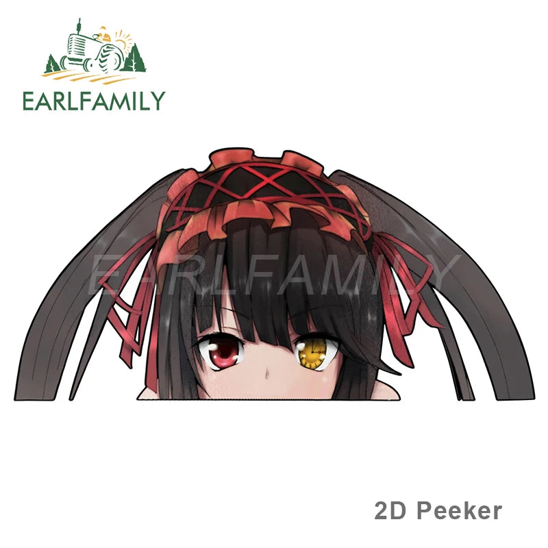 EARLFAMILY Cartoon Car Sticker for Kurumi Tokisaki Peeker Big Head Anime Vinyl Window Trunk Stickers Car Accessories