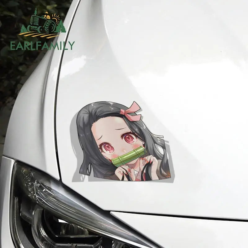EARLFAMILY Cartoon Car Sticker for Nezuko Kamado Peeker Big Head Anime Vinyl JDM Rear Windshield Trunk Stickers