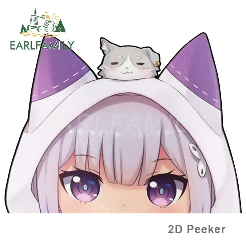 EARLFAMILY Cartoon Car Sticker for Emilia Peeker Big Head Anime Vinyl JDM Window Trunk Laptop Wall Decal Car Accessories
