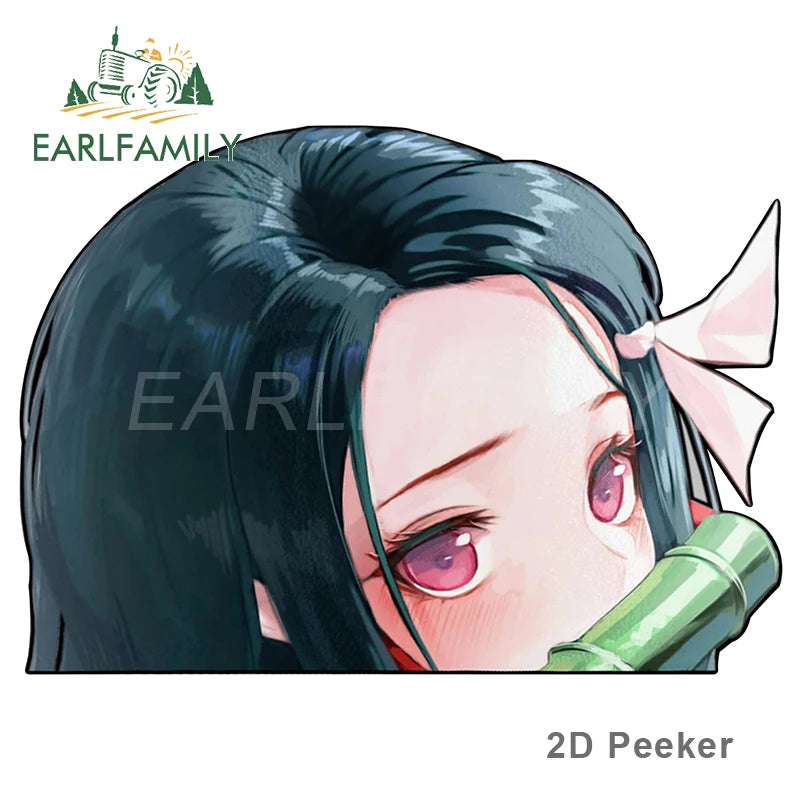 EARLFAMILY Cartoon Car Sticker for Nezuko Kamado Peeker Big Head Anime Vinyl JDM Rear Windshield Trunk Stickers