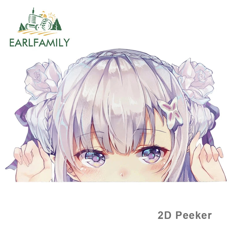EARLFAMILY Cartoon Car Sticker for Emilia Peeker Big Head Anime Vinyl JDM Window Trunk Laptop Wall Decal Car Accessories