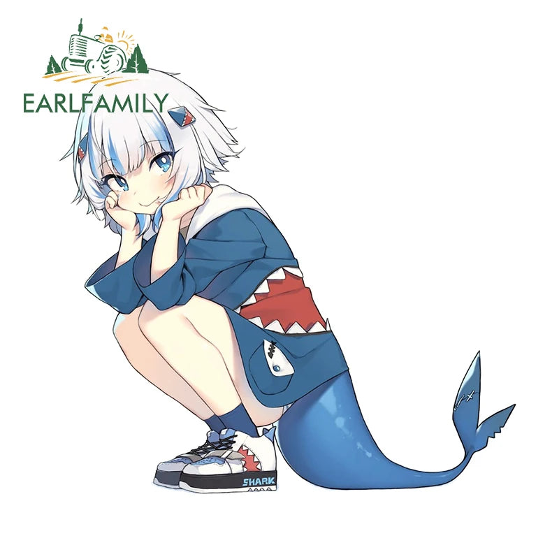 EARLFAMILY Cartoon Gawr Gura Hololive Car Sticker Fuel Tank Cap Sticker Cover Scratches Waterproof Decal Auto Motorcycle Decor