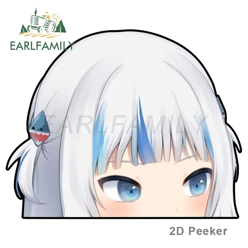 EARLFAMILY Original Cartoon Design Gawr Gura Peek Car Sticker Anime Shark Decal for Window Bumper Trunk Decoration Funny Graphic