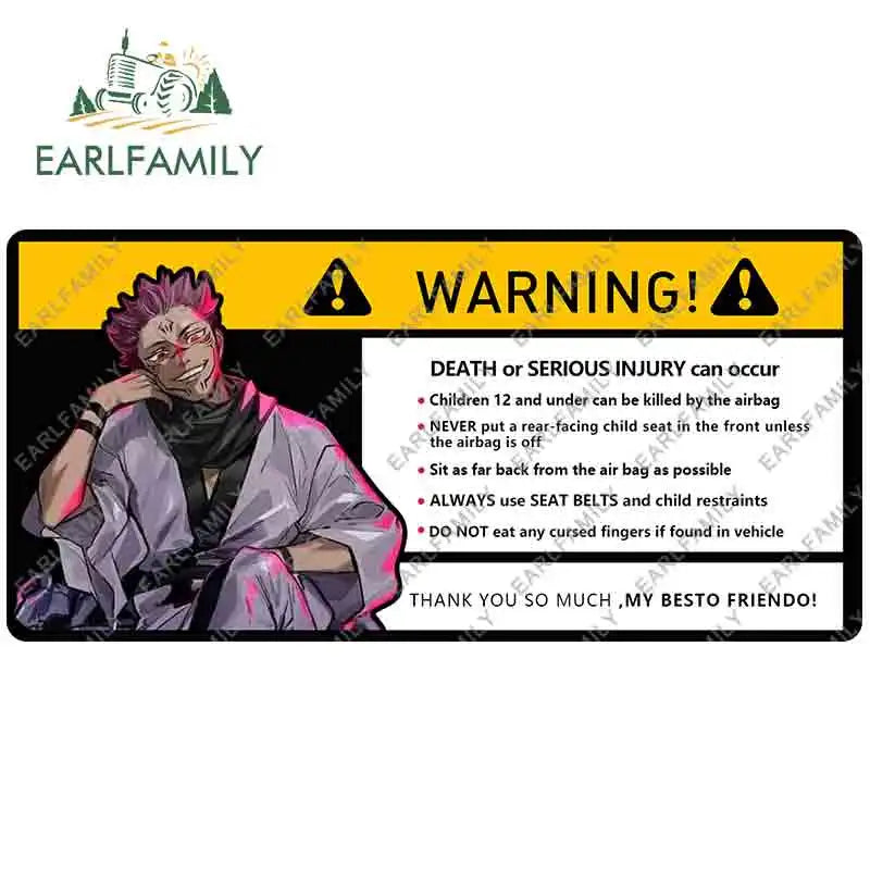 EARLFAMILY 15cm x 7cm Creative Warning Car Sticker for Itadori Yuji Decal Cartoon Anime Vinyl JDM Window Trunk Stickers