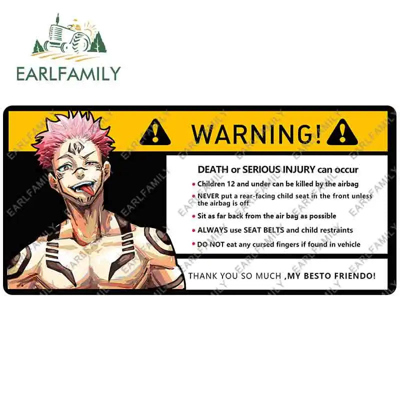 EARLFAMILY 15cm x 7cm Creative Warning Car Sticker for Itadori Yuji Decal Cartoon Anime Vinyl JDM Window Trunk Stickers