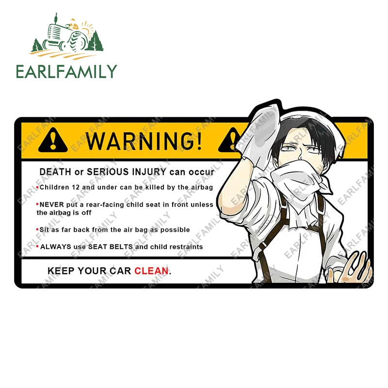 EARLFAMILY 15cm x 8.4cm Creative Warning Car Sticker for Levi Ackerman Decal Cartoon Anime Vinyl JDM Window Trunk Stickers