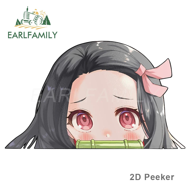 EARLFAMILY Cartoon Car Sticker for Nezuko Kamado Peeker Big Head Anime Vinyl JDM Rear Windshield Trunk Stickers