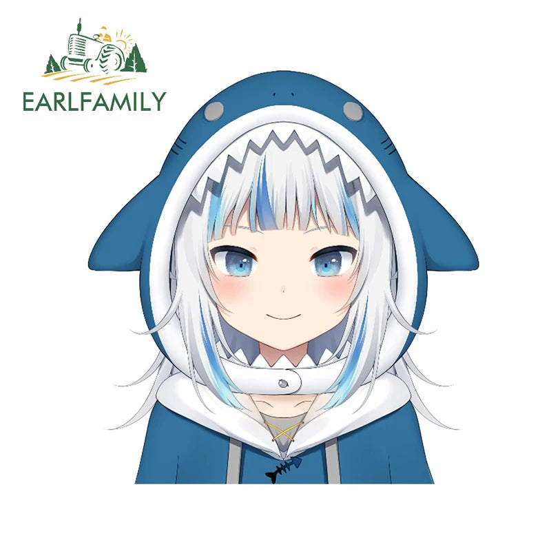 EARLFAMILY Cartoon Gawr Gura Hololive Car Sticker Fuel Tank Cap Sticker Cover Scratches Waterproof Decal Auto Motorcycle Decor