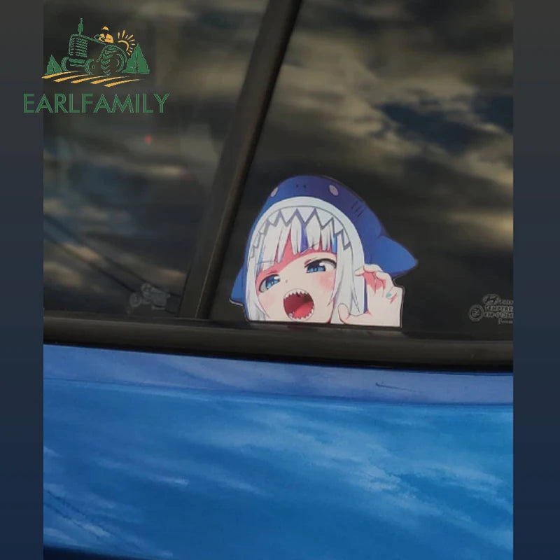 EARLFAMILY Cartoon Car Sticker for Gawr Gura Hololive Peeker Peek Anime Vinyl Stickers JDM Window Trunk Bumper Car Accessories