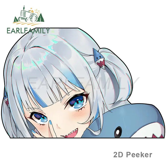 EARLFAMILY Original Cartoon Design Gawr Gura Peek Car Sticker Anime Shark Decal for Window Bumper Trunk Decoration Funny Graphic