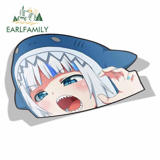 EARLFAMILY Cartoon Car Sticker for Gawr Gura Hololive Peeker Peek Anime Vinyl Stickers JDM Window Trunk Bumper Car Accessories