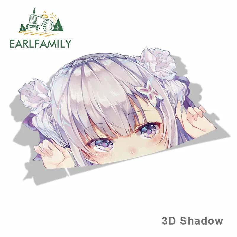 EARLFAMILY Cartoon Car Sticker for Emilia Peeker Big Head Anime Vinyl JDM Window Trunk Laptop Wall Decal Car Accessories